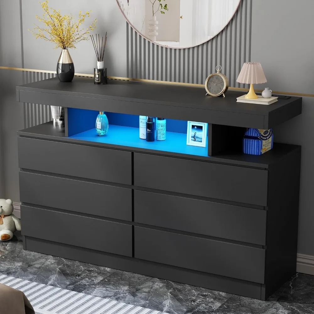 

Dresser for Bedroom with Charging Station and LED Lights, 6 Drawer Dresser Chests of Drawers, Wood Dresser for Closet