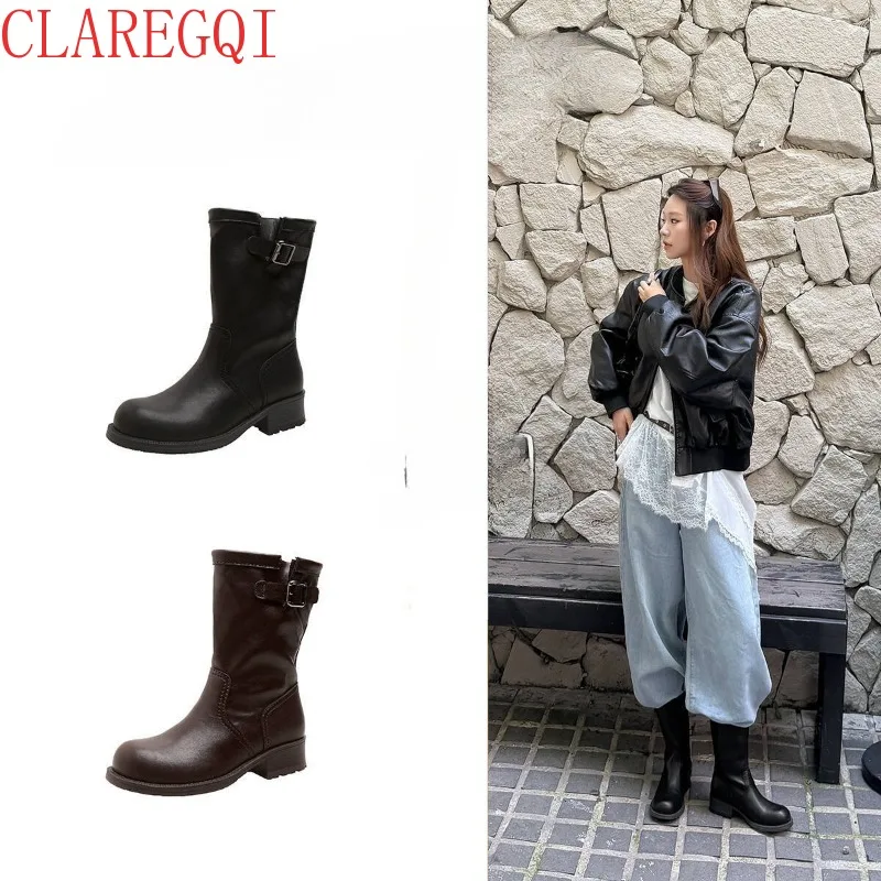 womens fall boots Vintage belt buckle round head mid calf boots for women All match british style short boots women Cosy Fashion