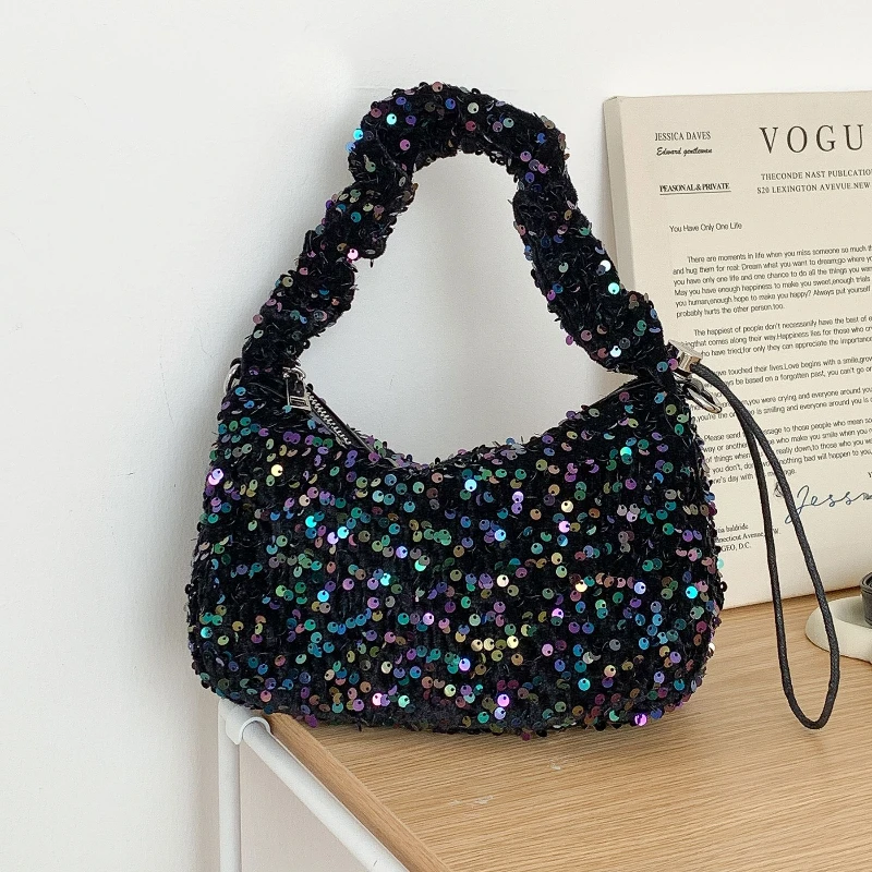 

Fashion Pleated Handbag New Niche Highend Soft Women Shoulder Bag Luxury Sequin Party Handbag Casual Drawstring Crossbody Bag