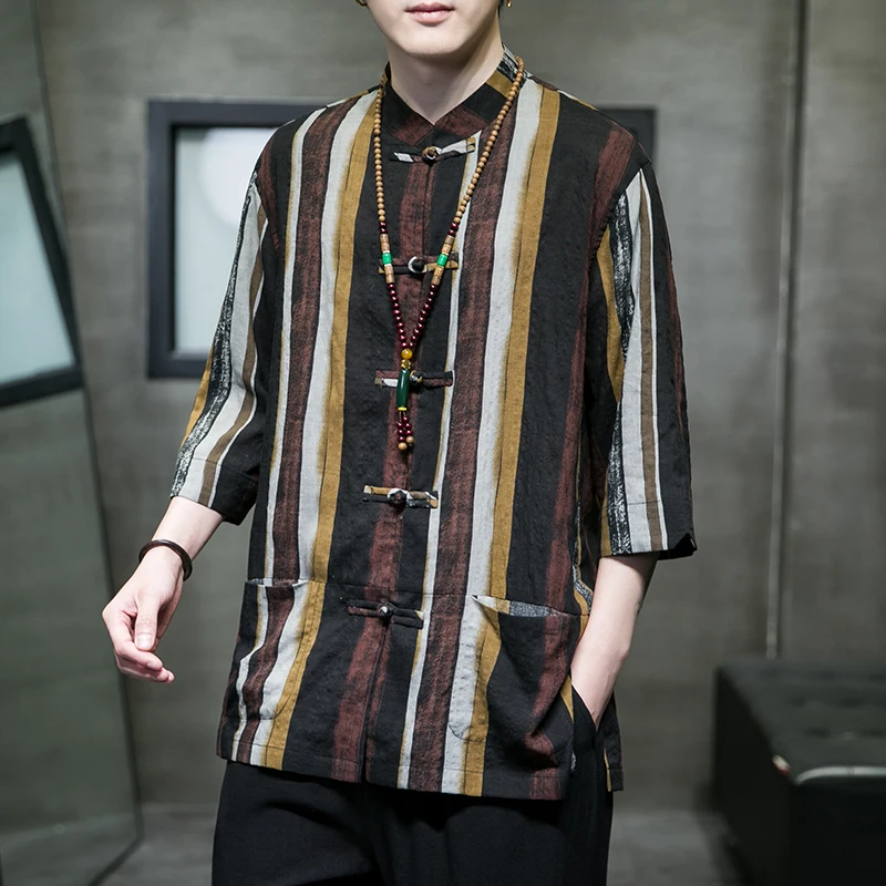 

Trendy Men's Striped Linen irt Loose Fit ort Sve Retro Tang Costume Cotton Linen Jaet Sle Summer Youth Faion