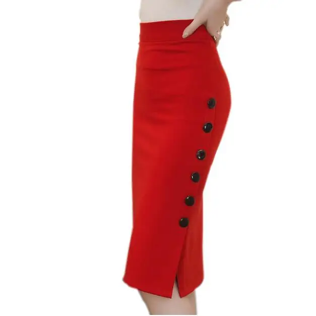 Women Elegant OL Tight Office Work pencil skirt Open Slit Button slim High waist
