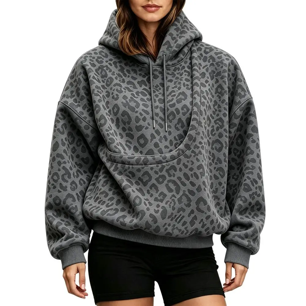 Portable Leopard Print Sweatshirt Double Layer Hood Oversized Hoodie Portable Pet Pocket Drop Shoulder Hooded Sweatshirt Autumn