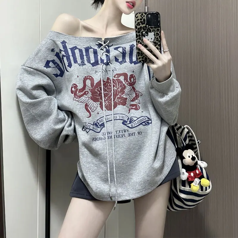 Autumn American Retro Letter Sweatshirts Skew Collar Women's Clothing Printed Stylish Bandage Off Shoulder Casual Loose Hoodies