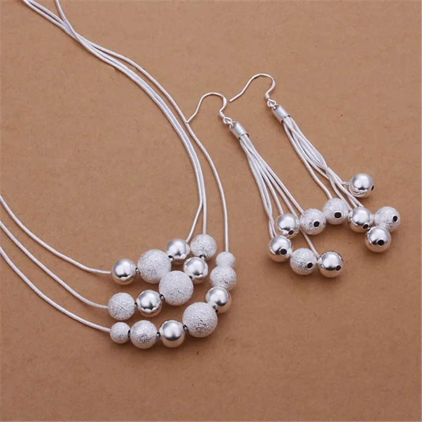 925New silver color jewelry set high quality European style triple chain hanging light sand Bead Necklace Dangle Earrings S363