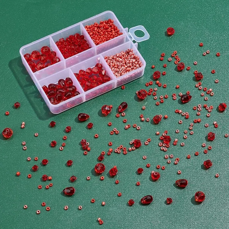 1000+ Red Glass Beads Kit Seed Bicone Imitation Jade Beads Charms Loose Beads Glass Spacer Beads with Elastic Crystal Thread