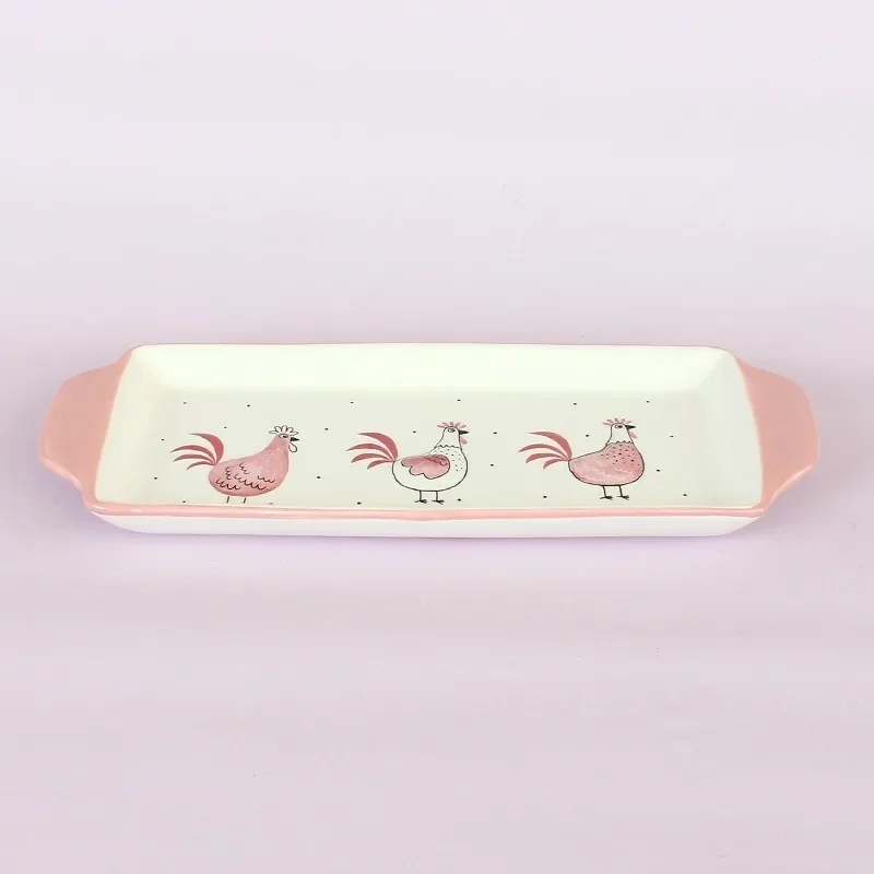Ceramic Dinner Plate Cute Chicken Rectangular Claus Pattern Relief Dinner Plate Household Dessert Tray Steak Plate Tableware