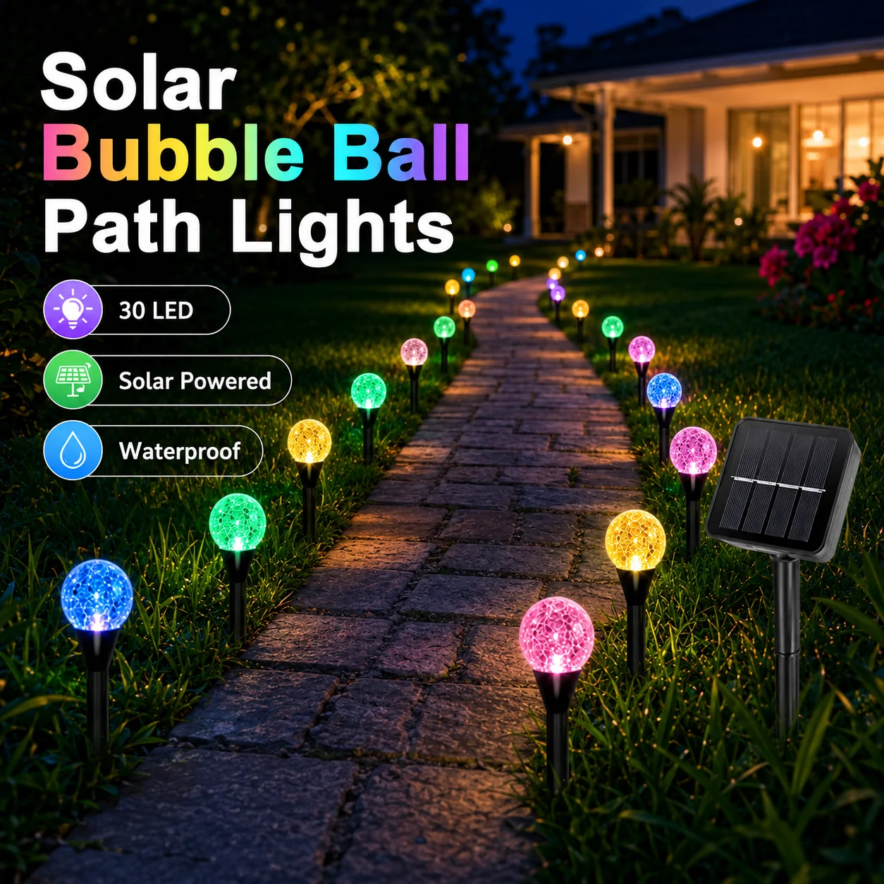 30 LED Solar Bubble Ball Pathway String Lights Waterproof Outdoor Garden Lawn Patio Trail Decor