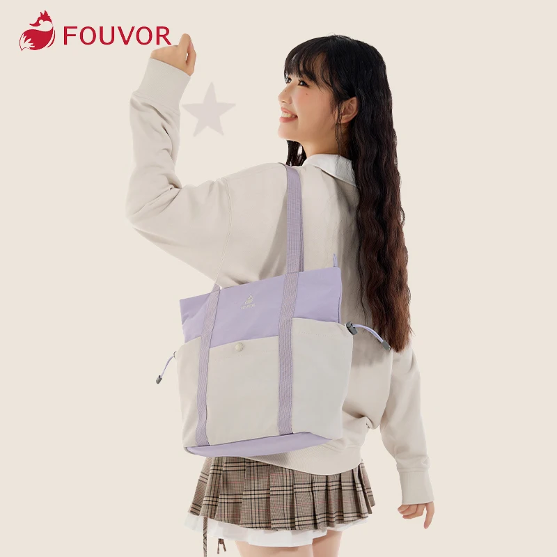 

Fouvor Tote Bag Drawstrings Zippered Closure Large Capacity Student's Canvas Bags Casual Nylon Lightweight Shoulder Bags 3047-17