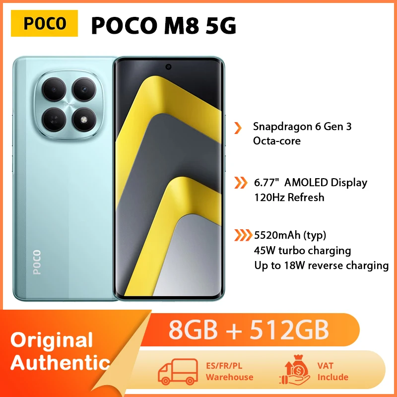 Versión Global POCO M8 5G 512GB Smartphone Snapdragon 6 Gen 3 Octa-core Pantalla de 6.77 " 120Hz Batería de 5520mAh Teléfono Móvil