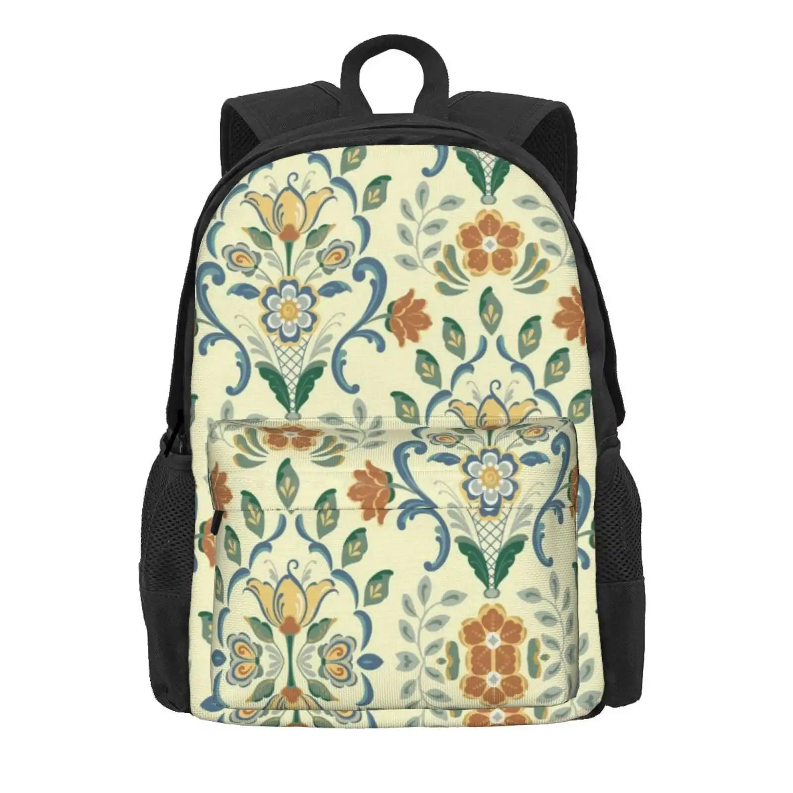 Rosemaling Tulip On Yellow Hot Sale Schoolbag Backpack Fashion Bags Rosemaling Norwegian Folk Art Folk Design Yellow Tulip