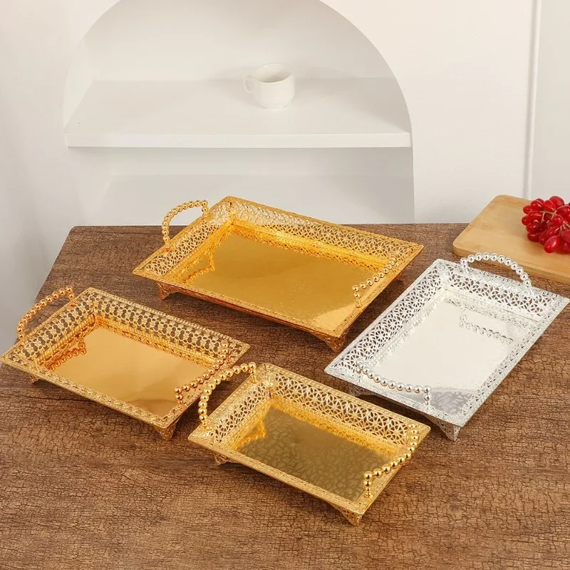 1PC European Metal Mirror Home Ornament Crystal Dessert Cake Tray Rectangular Tray Kitchen Supplies Home Decoration