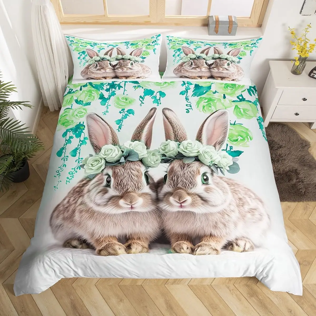 Easter Rose Rabbit Duvet Cover Cute Bunny Happy Easter Bedding Set Full for Kids Boys Girls,Rustic Flower Animal Comforter Cover