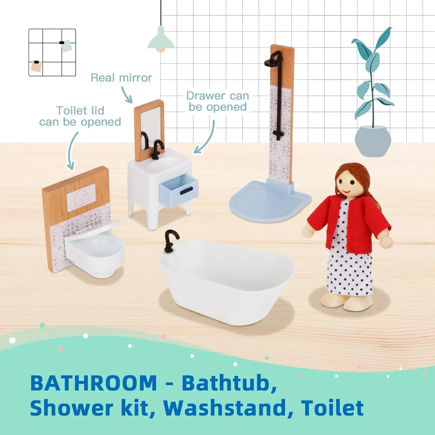 Puppenhaus aus Holz für Kinder, Puppenhaus mit simuliertem Luxusmöbelset, Puppenhaus-Spielset für Mädchen und Kleinkinder (einschließlich 4 Fam).