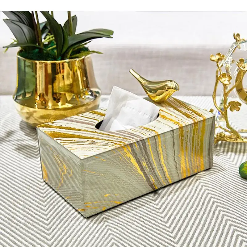 

Gold Plated Marble Texture Glass Tissue Box Dining Table Boxes Modern Decor Desk Decoration Removable Paper Towel