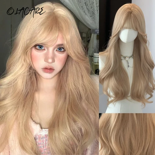 Imagen 1 del producto Pelucas sintéticas de color rubio ceniza claro ondulado largo con flequillo para mujer, pelucas de pelo de uso diario para fiesta de Cosplay con ondas naturales, resistentes al calor