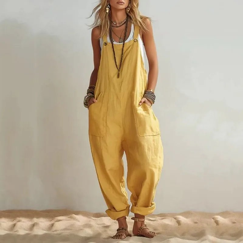 Women Solid Pocket Loose Sleeveless Adjustable Strap Linen Overalls Casual Jumpsuit