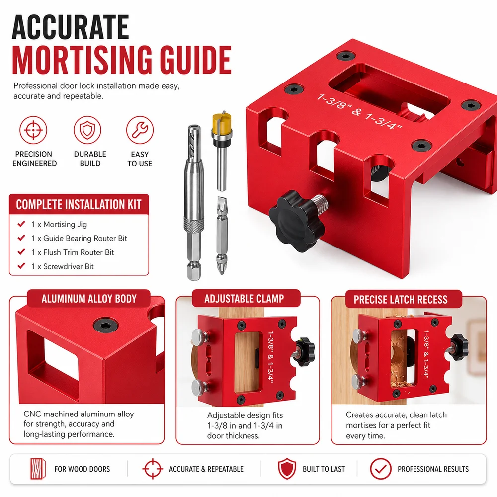 Aluminum Alloy Door Lock Mortising Jig Adjustable Clamping Red Finish Lock Installation Jig Router Bit Set
