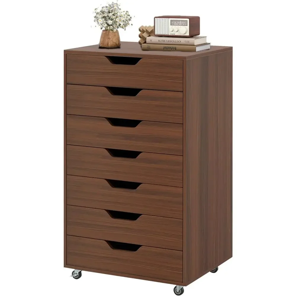 34.5 Under Desk Veal Storage Cart, Wooden Rolling Office Cabinet for Home and Office (Walnut)