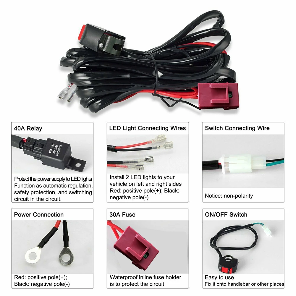 Motorcycle Fog Light Wiring Harness DC 12V LED Headlamp Refit Switch Relay Wire Work Light Connector Wiring Harness Kit