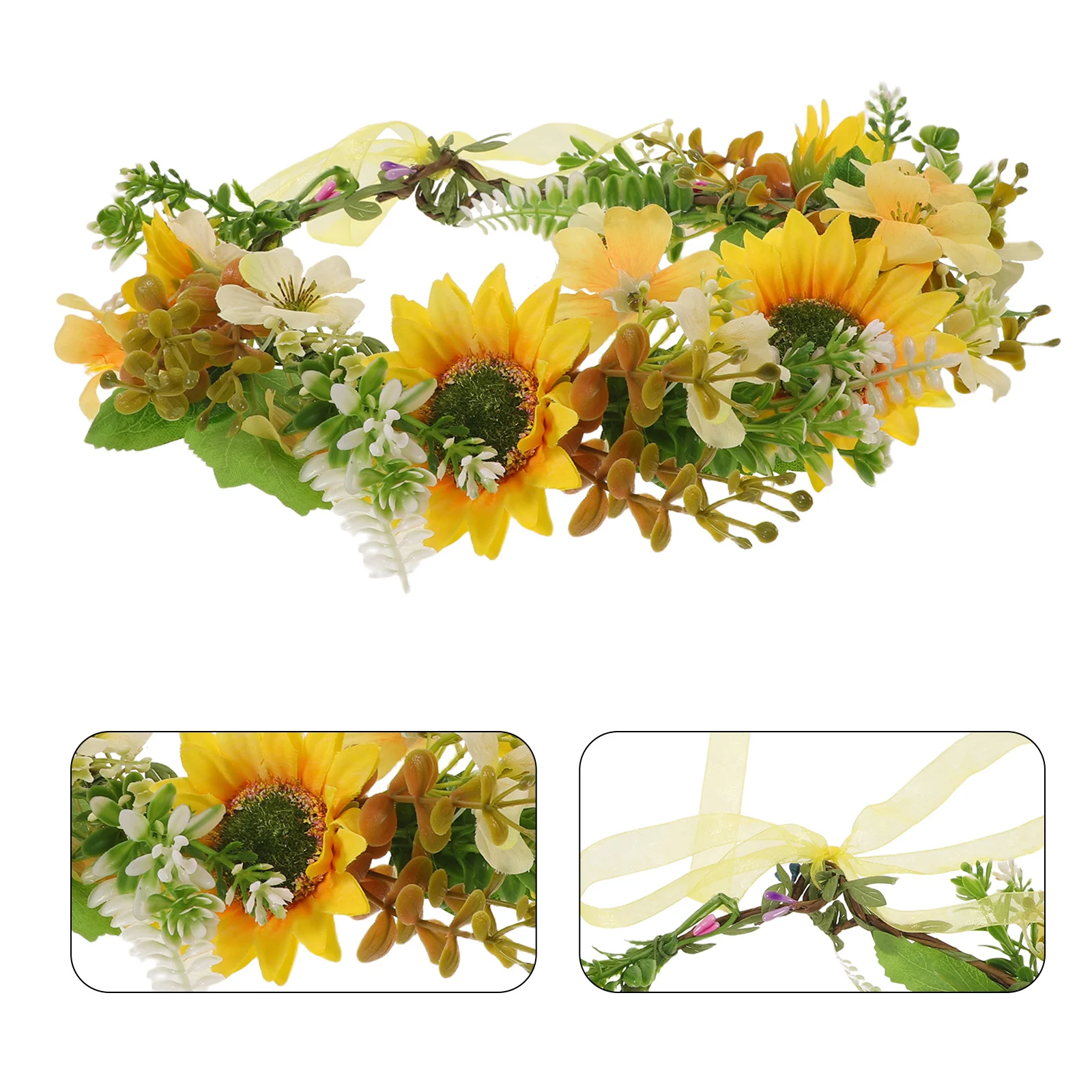 

Vibrant Sunflower Crown Headpiece with Green Leaves Adjustable Floral Band for Women Festival Wedding Bridal Shower Garden Party