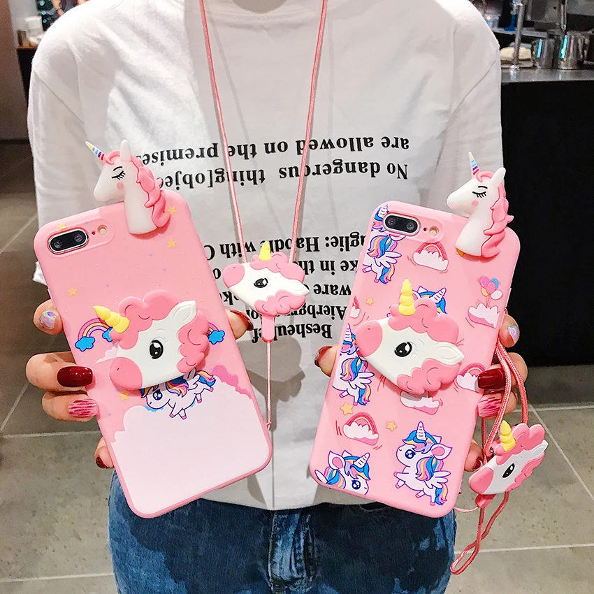 3D Cartoon Rainbow Unicorn Phone Holder Stand Case For Samsung Galaxy M10 M14 M20 M30S M21 M31S M32 M33 5G With Lanyard Cover