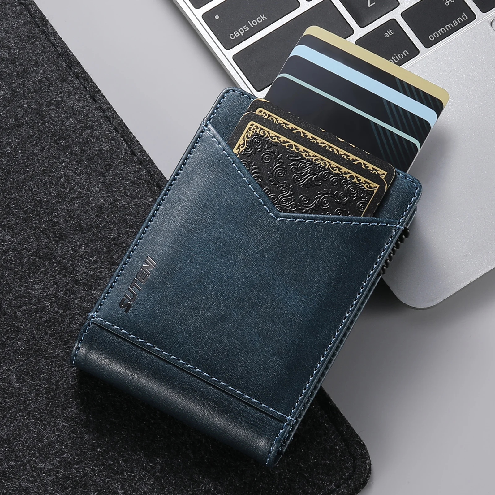 SUTENI Kartenetui mit Kartenfach, Flip-Cover aus Kunstleder, Kartenbox mit Knopfdruckfunktion, der die Karte automatisch herausbringt – Detail 7