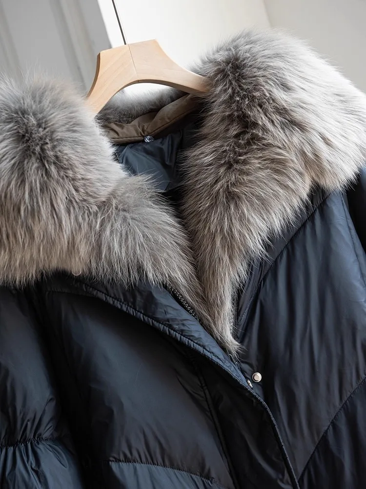 Chaqueta larga de invierno con cuello de piel de zorro para mujer, abrigo grueso y cálido para mujer, abrigo holgado de gran tamaño, cortavientos de diseñador