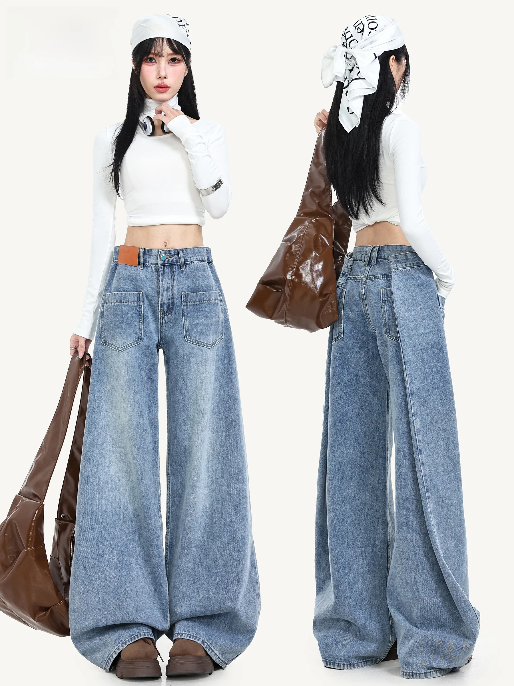 

American Style High Waist Bell Bottom Jeans Women's Loose Fit Floor Length Trousers Summer New Style Vintage Deconstructed De...