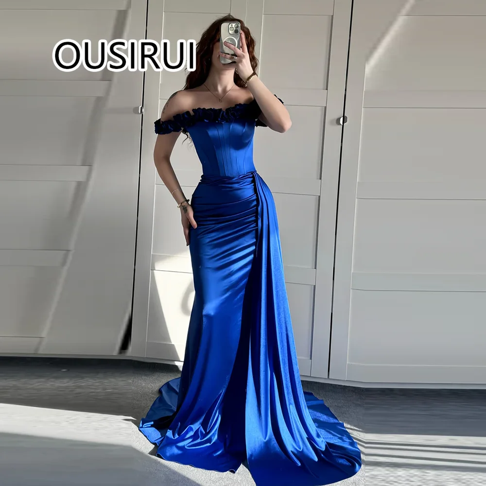 

Elegant Off-Shoulder Satin Spaghetti Straps Formal Evening Dress with Flowers Sheath Backless Prom Gown Sweep Trian Custom Made