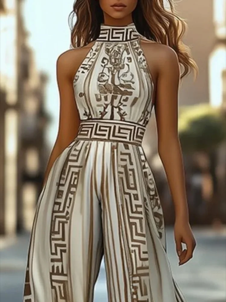 Gymystars Geometric Printing Overalls Sleeveless Jumpsuits for Woman Fashion Halter-Neck Wide Leg Pants Summer Female Jumpsuit
