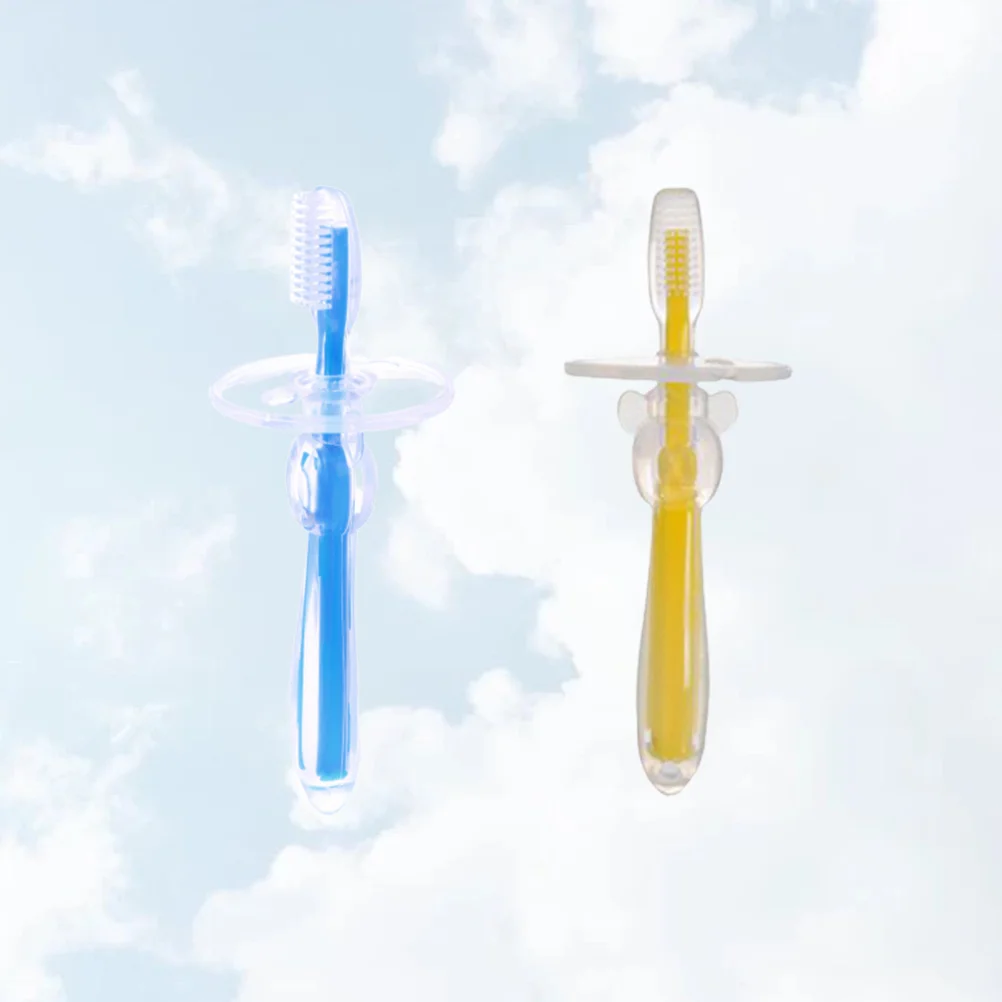 

2 шт., мягкая силиконовая детская зубная щетка, тренировочный инструмент с щетиной и защитным кожухом, форма зонтика для малышей, желтый, синий