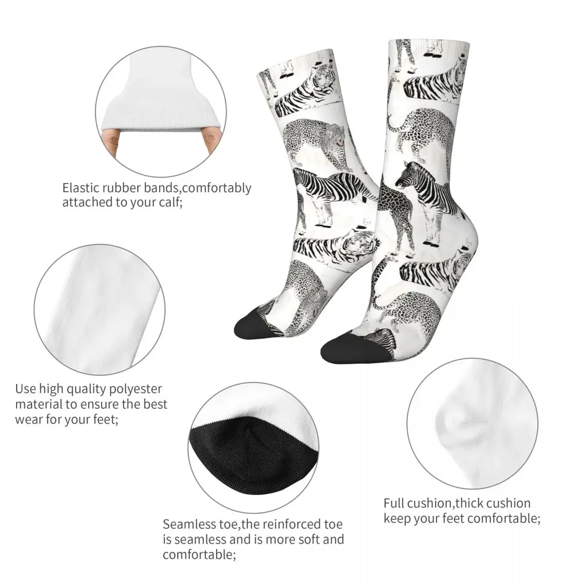 Chaussettes de basket-ball absorbant la sueur pour hommes et femmes, chaussettes colorées, noir et blanc, animaux de la jungle, automne, hiver