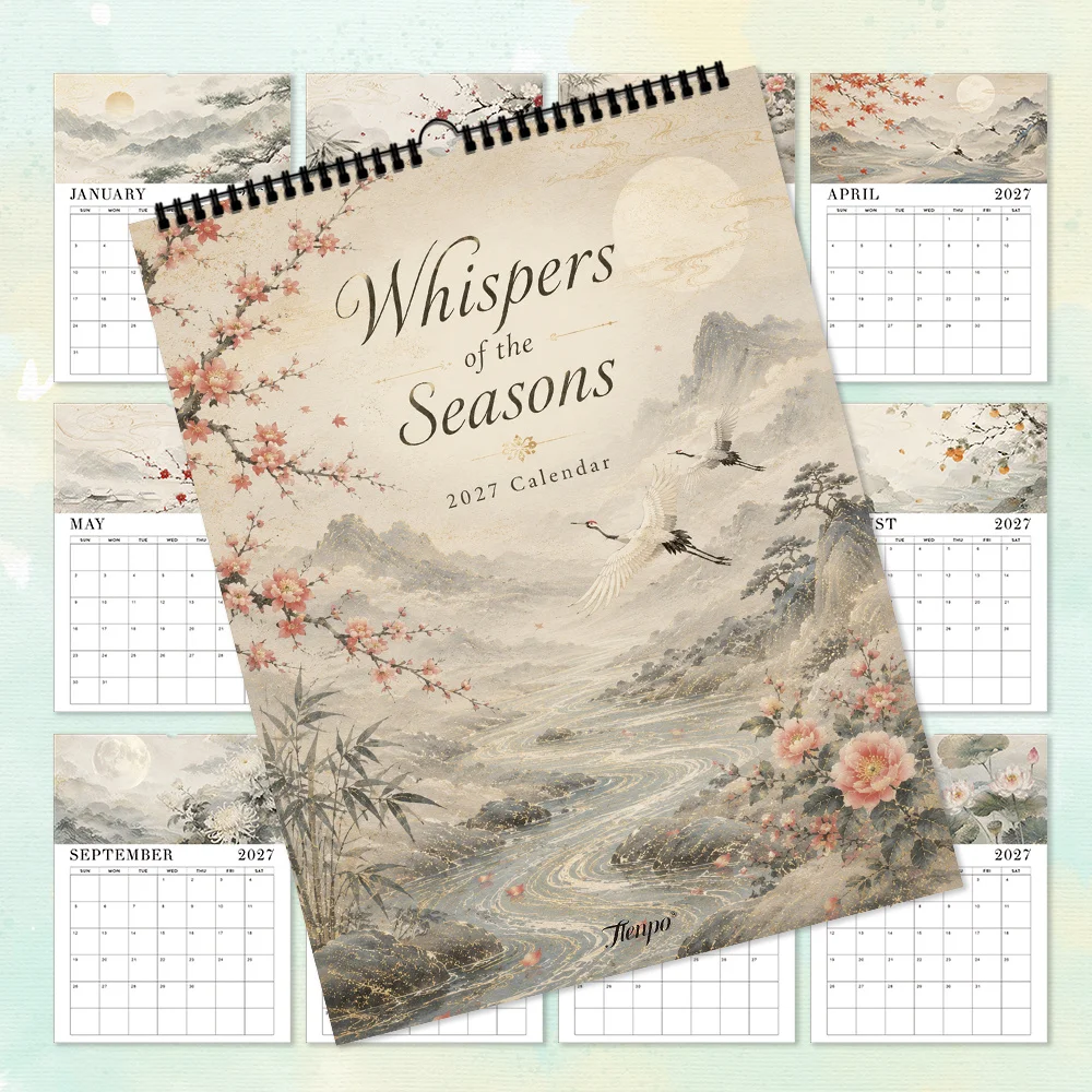 1pc, 2027 Wall Calendar, Chinese Crane Ink Art, 12 Month Planner for Home Office Decor, Christmas New Year Gift with Stickers
