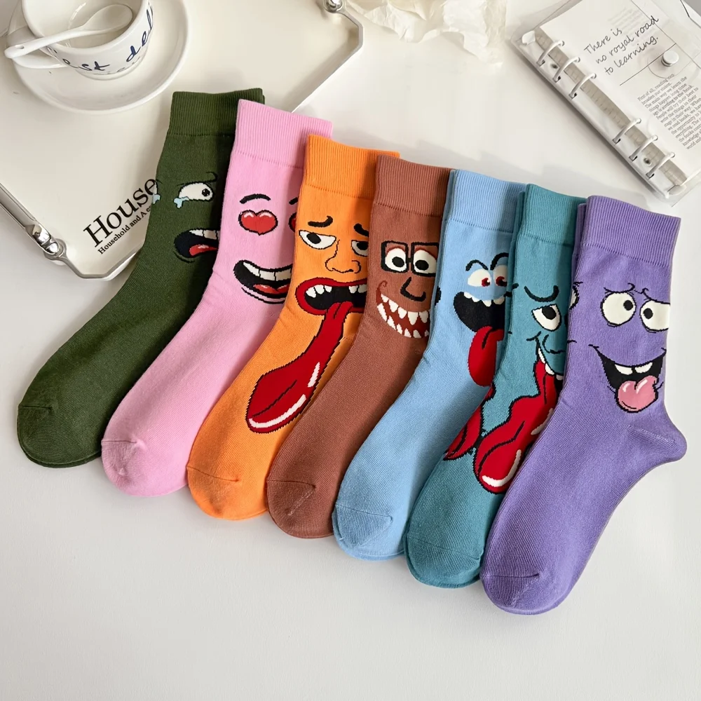 7 Pairs of Mixed-Color Autumn and Winter New Quirky Expression Socks for Women, Unisex Couple Mid-Calf Socks, Personalized Design Candy-Colored Skateboard Socks