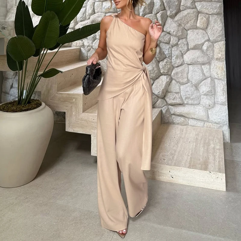 BKLD Lady Temperament Two Pieces Set Summer French Slant Neck Irregular Strappy Folds Vest Top+Zip Up Suit Pants Commuting Party