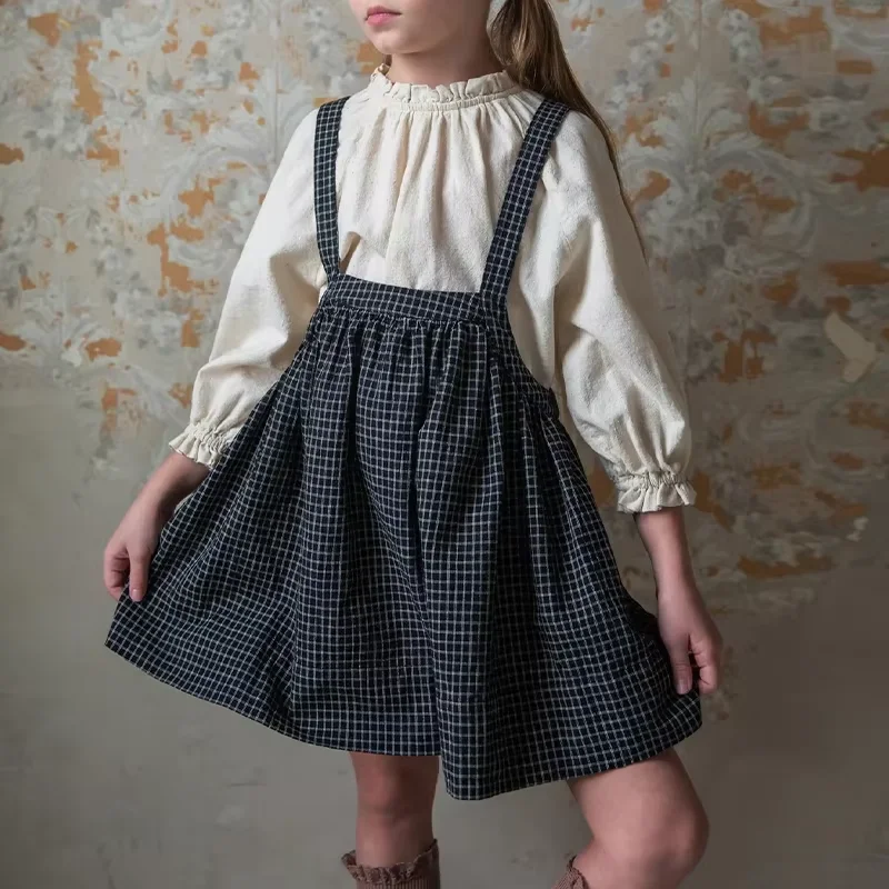 

Summer Girls Dress New Retro Black Plaid Pinafore Children's Cotton Casual Loose Adjustable Straps Dresses 323168KLP