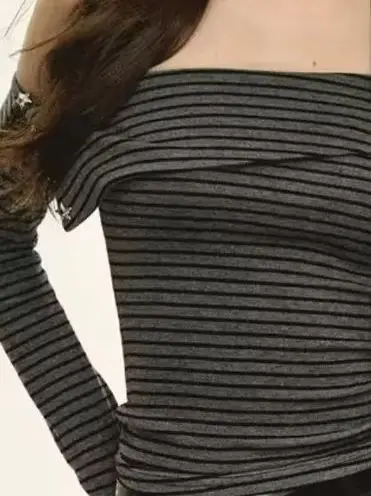 

Kimutomo T Shirts Women Vintage Slim Long Sleeve Striped Slash Neck Off Shoulder Autumn Winter Y2k Harajuku Tops Female