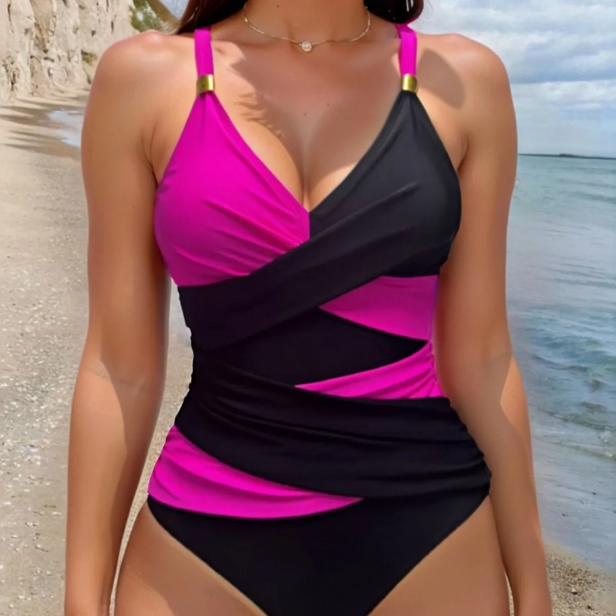 2025 New Women's Sexy Block Color Sling Bikini High Waist One-piece Swimsuit Tight Cross Gathered Beachwear Brazil Bathing Suit