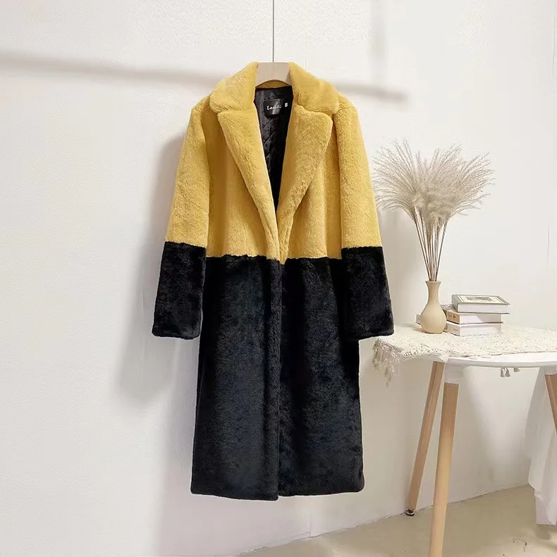 Women's Fashion Winter Warm Loose Suit Collar Fitting Mink Velvet Faux Fur Patchwork Long Coat Outwear Singer Stage Costume