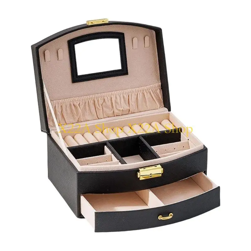 Unique Rigid Shell Jewelry Box with Leather Exterior, Four Necklace Hooks, Elasticized Lid Pocket, Ring Rolls, and Clasp Closure