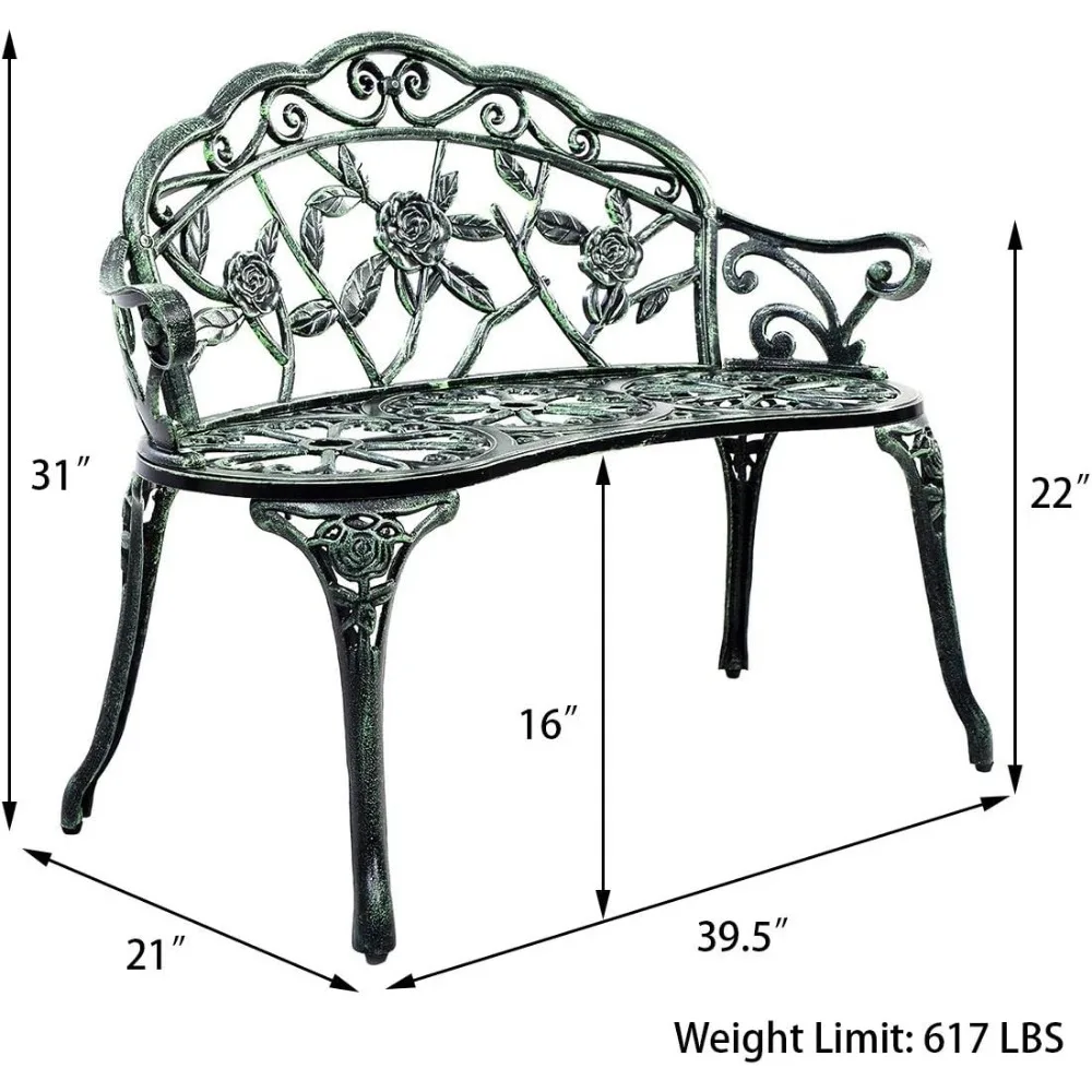 Outdoor Garden Bench Iron Patio Benches for Outdoors, Porch Bench Chair with Curved Legs Cast Aluminum Rose Antique Style