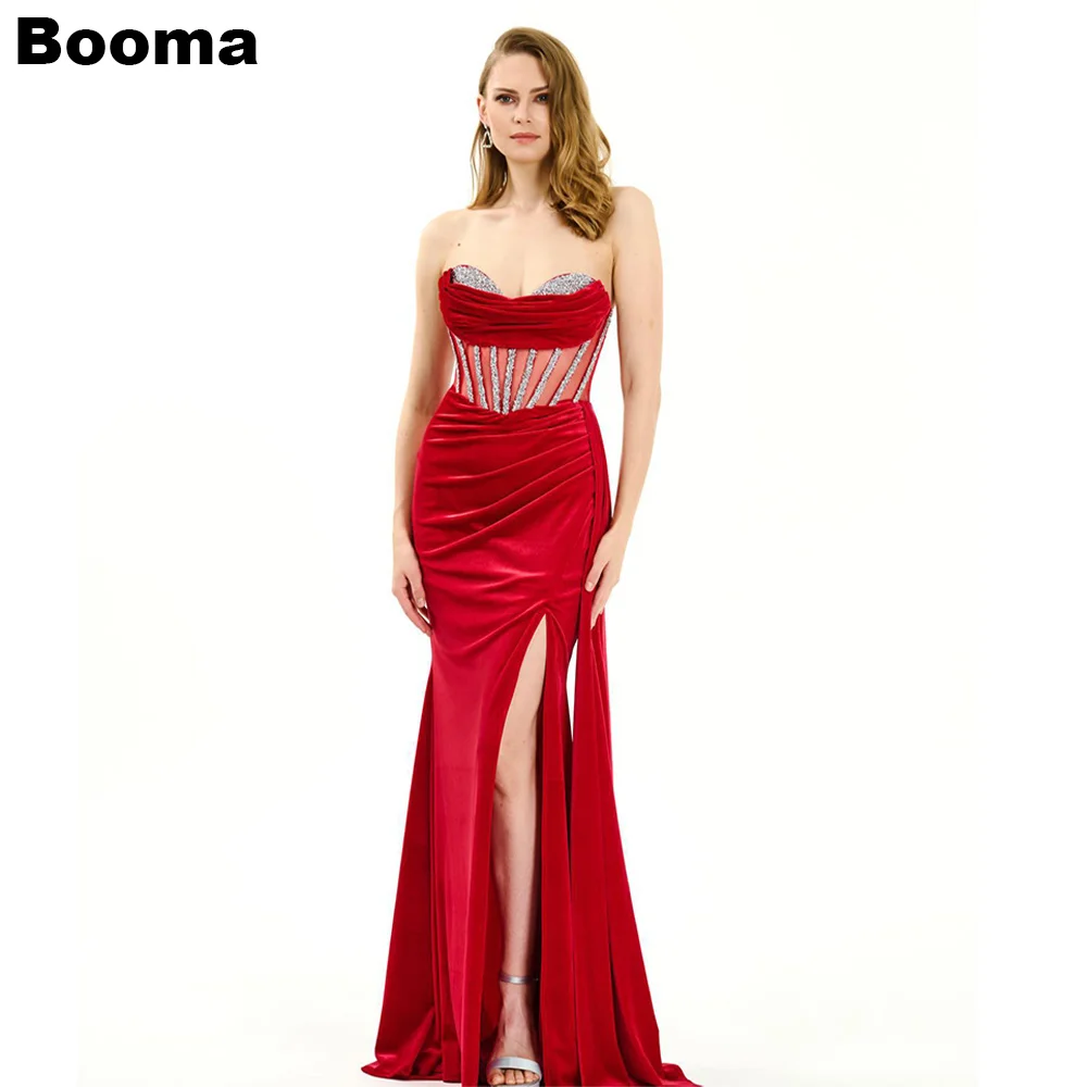 

Booma Elegant Velour Mermaid Evening Dresses Sweetheart Beading Pleat Prom Gowns High Leg Slit Formal Occasion Dresses for Women