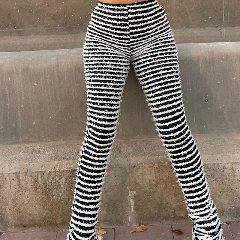High Waist Slimming Casual Pants Women's Fashionable Sexy Knitted Striped Trousers Euro Style Polyester Fiber Mid-Aged Suitable