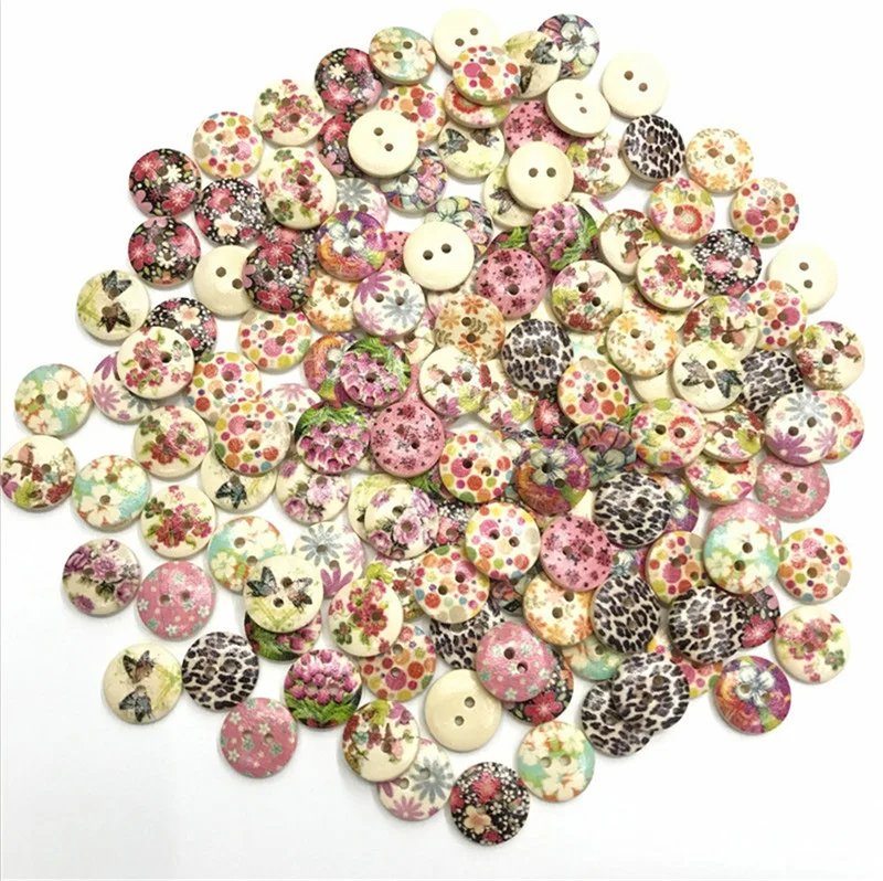 Flower Round Wood Buttons for Clothing Decoration, Sewing Scrapbooking, Embellishments, 2 Hole, 15mm, 50Pcs