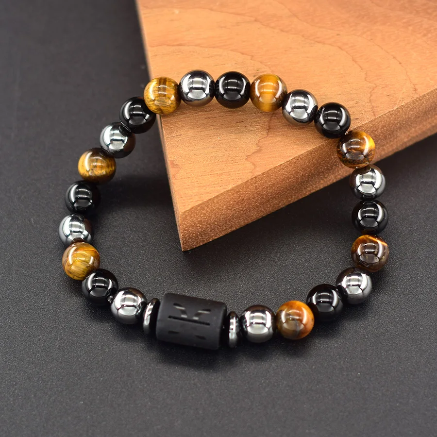 12 Zodiac Sign Bracelet Homme Constellation Bangle Natural Yellow Tiger Eye Stone Hematite Cancer Taurus Libra Bracelet Women
