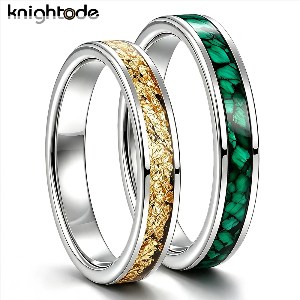 Anillos de pareja de carburo de tungsteno plateado de 4 mm con incrustaciones de lámina de oro y piedra verde - Anillo de boda para hombre y mujer