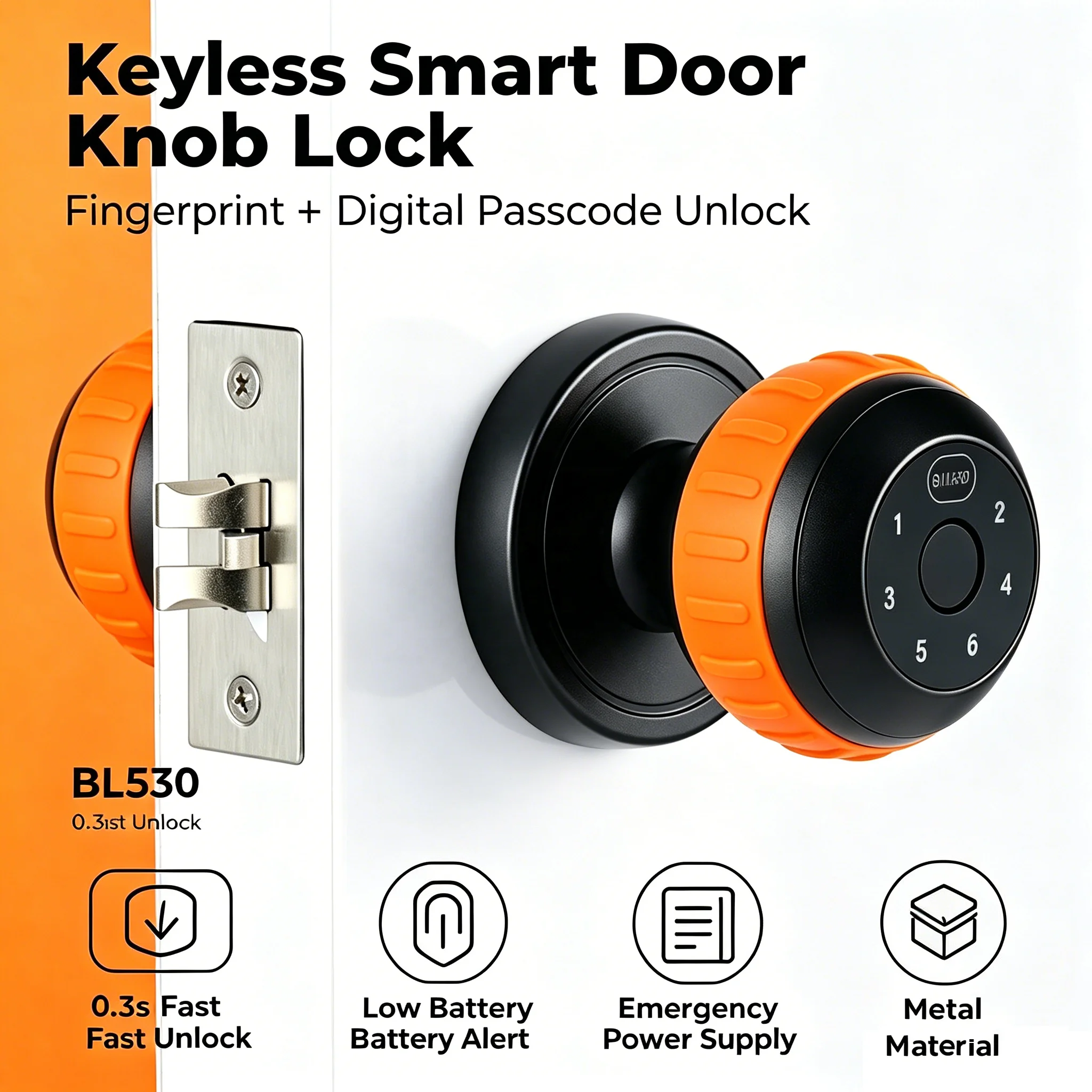 Keyless Digital Smart Door Knob Lock Fingerprint & Code Unlock Round Electronic Door Lock Interior Bedroom Apartment Smart Lock