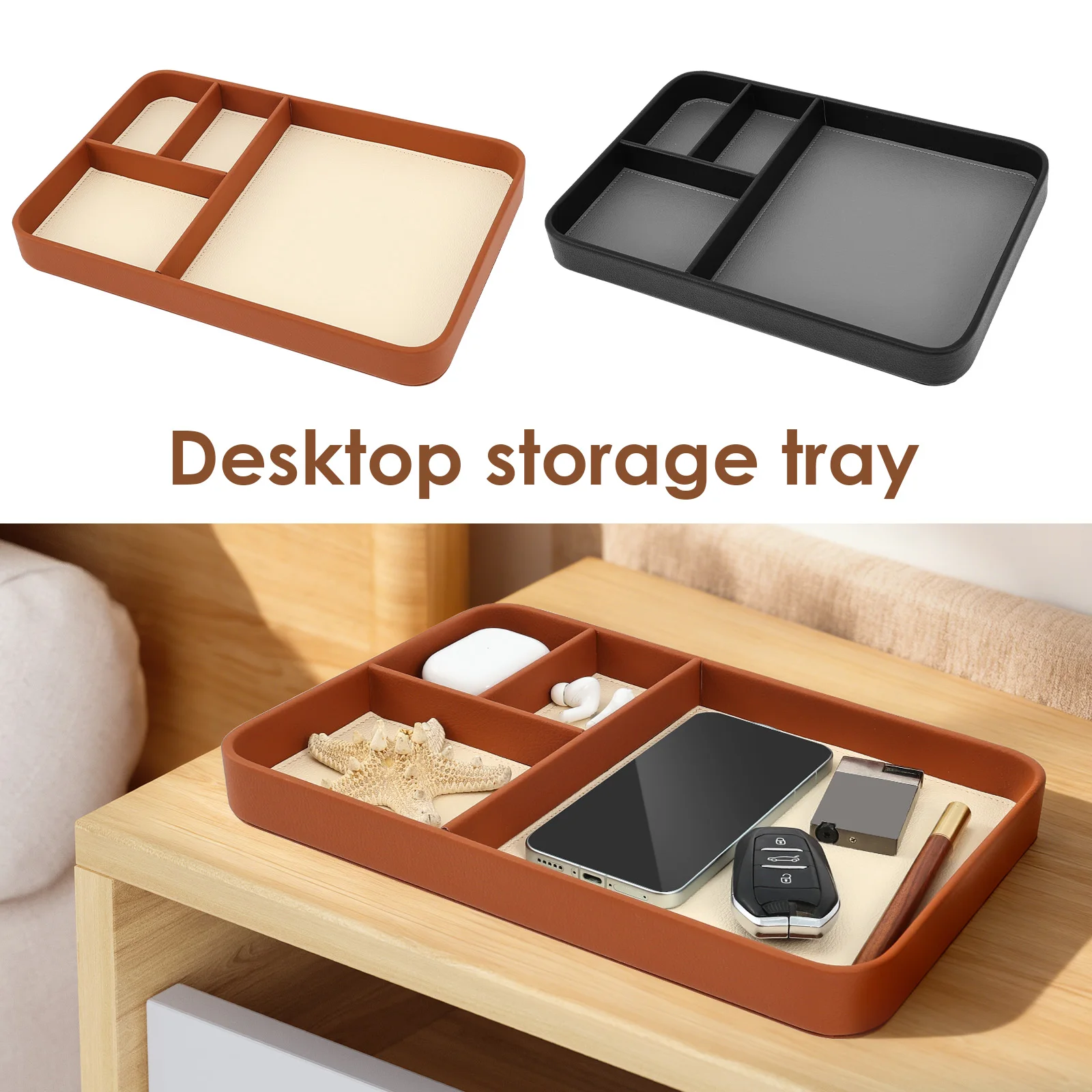 4-Compartment Storage Tray Stylish PU Leather Tray Multipurpose Bedside Desk Holder Decorative Entryway Tray for Phone Key Watch