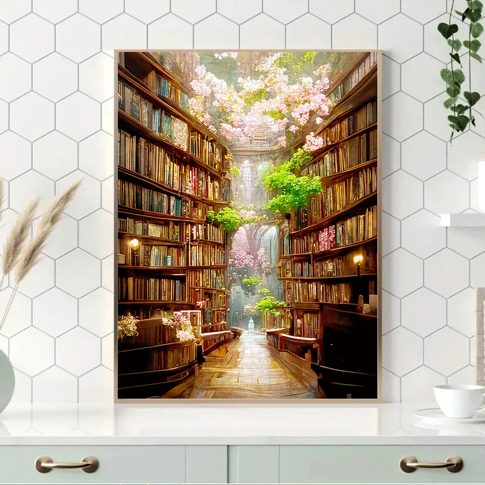 Un grande puzzle da 1000 pezzi con una libreria fantasy e un design di fiori di ciliegio, perfetto per adulti e famiglie da goderti