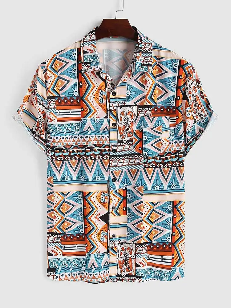 ZAFUL Shirts for Men Tribal Print Ethnic Blouses Summer Streetwear Shirt Lapel Vacation Short Sleeves Button UP Tops with Pocket